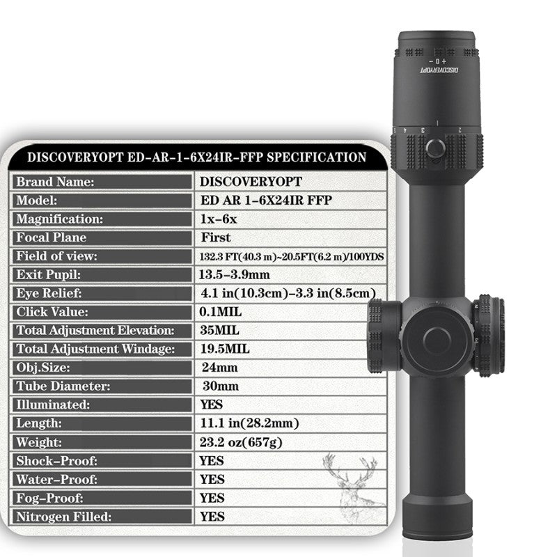 Alcance óptico ED-AR 1-6X24IR FFP 0,1 MLL clics iluminados, diámetro del tubo: 30 MM Longitud: 282 MM 