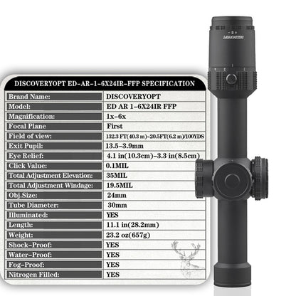 ED-AR 1-6X24IR FFP Optics Scope 0.1MLL Clicks Illuminated, Tube Diameter:30MM Length:282MM